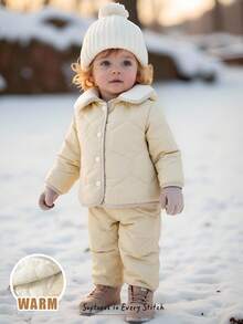 Cozy Pixies 2pcs Baby Boy Thermal Lined Long Sleeve Cardigan And Elastic Waist Pants Set Fall Winter - Pink - View 1