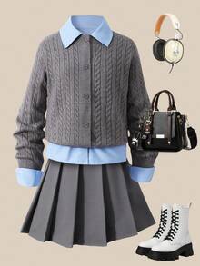 3 件套女童学院风毛衣、衬衫和百褶裙套装，适合返校季 - 灰色 - 查看 4