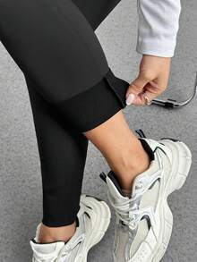 DAZY 女士鲨鱼印花保暖高腰紧身打底裤，秋冬季保暖款 - 黑色 - 查看 2