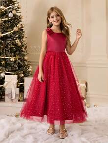 Girls' Chiffon Mesh Spaghetti Strap Dress, Suitable For Flower Girl, Halloween, Performance, Luxury Party, Holiday Event Fall Winter - Red - View 5
