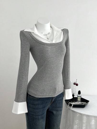 Elamini 女士休闲拼布撞色二合一衬衫