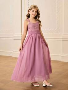 Girls' Lace Patchwork Chiffon Square Neck Wide Strap Sleeveless Dress,Dusty Pink,Summer,Elegant,Wedding Flower Girl Prom Birthday Party Graduation - Red Violet - View 7