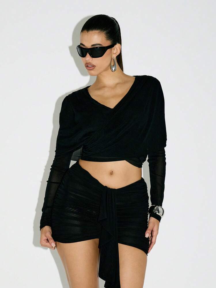 KIZN Sheer Cross Over V Neck Blouse