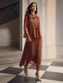 ZEYLAH Lace Patchwork Long Sleeve Flowy Blouse & Skirt Elegant 2-Piece Set - Coffee Brown - View 4