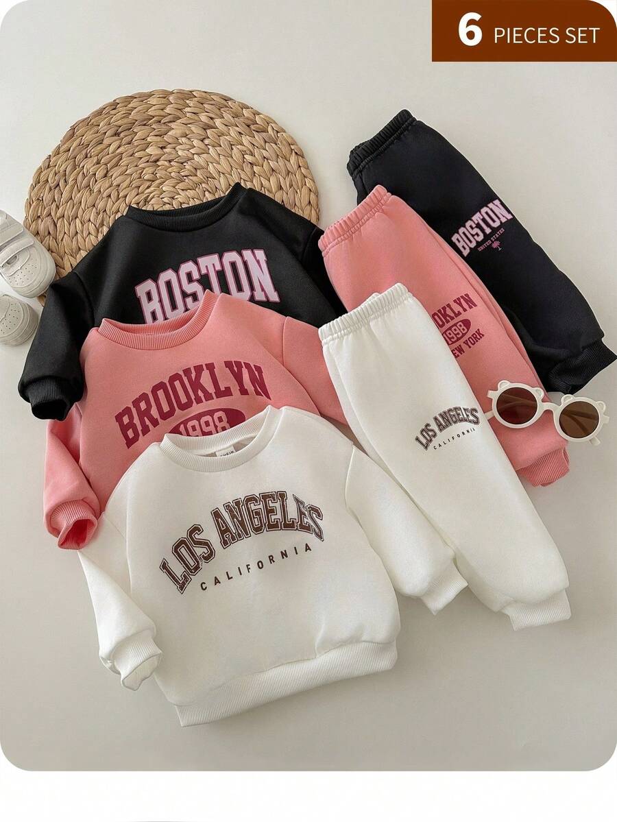 SHEIN 6 件套女婴可爱字母印花长袖运动衫和松紧腰裤，秋冬