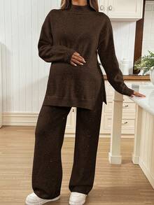 SHEIN Maternity Casual Warm Solid Color Side Slit Sweater And Pants Set, Autumn/Winter - Coffee Brown - View 7