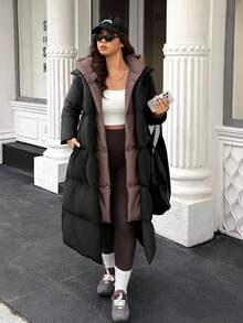 Easura Plus Size Casual Warm Color Block Hooded Padded Coat, Winter Long Jacket For Women Women Winter Clothes Outerwear Women