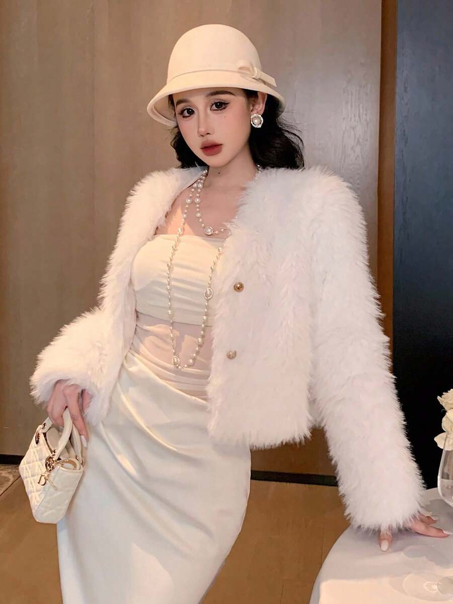 DAZY Women's Elegant Front Button Fuzzy Jacket, Autumn/Winter - White - View 1