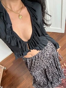 Sunnyshic Velvet Leopard Print Layered Ruffle Patchwork Skirt, Bohemian Elegant Cute Fashion Versatile For Work, Casual, Date, Autumn/Winter - Multicolor - View 6