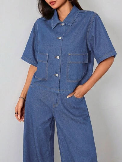 SHEIN 少女纯色水洗深蓝色牛仔衬衫翻领短袖上衣夏季牛仔办公室装学院风女孩秋季衬衫，开学女孩上衣，适合学校、返校节