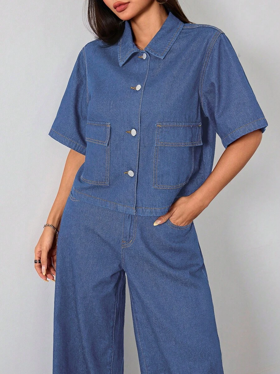 SHEIN 少女纯色水洗深蓝色牛仔衬衫翻领短袖上衣夏季牛仔办公室装学院风女孩秋季衬衫,开学女孩上衣,适合学校、返校节 - 中等水洗藍 - 查看 1