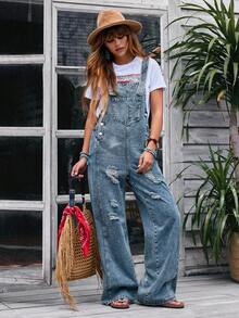 EMERY ROSE 女士口袋做旧阔腿牛仔连身裤 - 藍色 - 查看 7