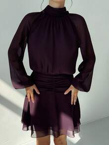 Aloruh Mock Neck Raglan Sleeve Dress Purple - Purple - View 6