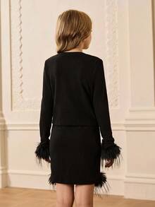 Girls Elegant Casual Round Neck Long Sleeve Fitted Fuzzy Ribbed Splice T-Shirt With High Waist Short Skirt Set, Back To School Outfit, Suitable For All Seasons, Christmas, Halloween Party Fall Winter - Black - View 2