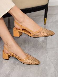 Sleekvia 女士休闲水钻网眼透气粗跟高跟鞋 - 棕色 - 查看 3