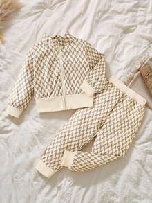 SHEIN Girl's Casual All-Over Print Zipper Stand Collar Jacket And Pants Sportwear Set Toddler Two Piece Set - Beige - View 1
