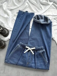 SHEIN Mädchen Loose Fit Blaue Jeans mit Gummibund