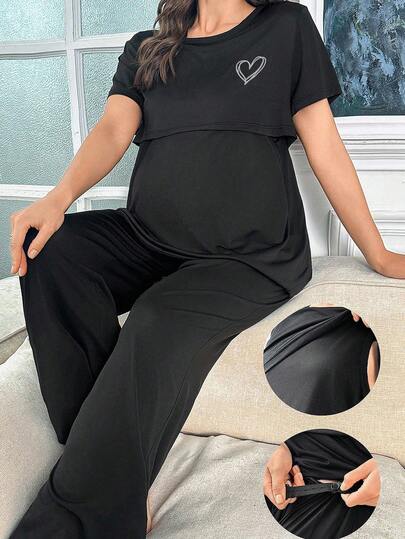 Moonlight & Mama Solid Color Milk Silk Heart Print Maternity Sleepwear Set