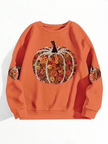 EMERY ROSE Plus Size Women Halloween Pumpkin Graphic Crew Neck Long Sleeve Comfortable Colorful Sweatshirt, Halloween Gift - Orange - View 3