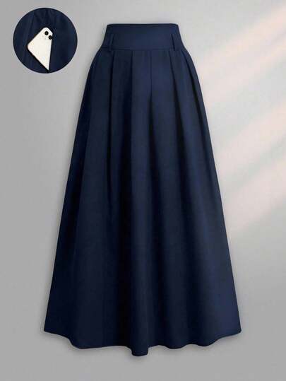 Franclia Plus Size Solid Color High Waisted Pleated A-Line Skirt, For Autumn Maxi Women Fall For Women