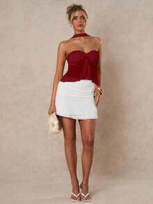 Glamine Weinrote sexy durchsichtige rückenfreie Spitze geraffter Neckholder Bluse, Halloween Bluse, Weihnachtsbluse, Party Must-Have, Schicke Herbst, Streetwear, Y2K, Gehobene Eleganz Bluse, Club Bluse, Konzert Bluse, Date Night Bluse, Geburtstags Bluse für Frauen, Rave Festival Bluse