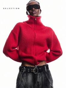 LYSMO SELECTION Women's Fall Clothes Stand Collar Zip-Up Loose Raglan Sweater Red Sweater Red Turtleneck Sweater Red Cardigan For Going Out Outfits, Back To School, Graduation, Streetwear, Grunge And Punk Chic, Y2K Clothes And Stockholm Style Gothic Clothes Halloween Costumes,Christmas Sweater - Red - View 6