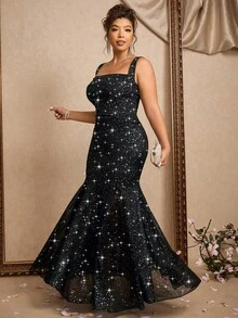 Allurite Vestido largo de mujer de talla grande, vestido sin mangas de cuello cuadrado con dobladillo de malla empalmado, brillante con brillo adecuado para fiesta, banquete, vestido largo de estilo de reina - Negro - Ver 6