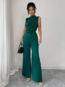 Elenzga Women's Elegant Green Mandarin Collar Pleated Ruffle Waist Sleeveless Jumpsuit, Spring/Summer - Olive Green - View 4