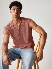 SWAVVY Men's Solid Color Sleeveless Knit Top, Polo Shirt For Summer,Vacation - Redwood - View 4