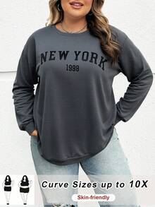 SHEIN CURVE+ 秋冬大码休闲宽松纽约图案圆领长袖女式运动衫 - 深灰色 - 查看 6