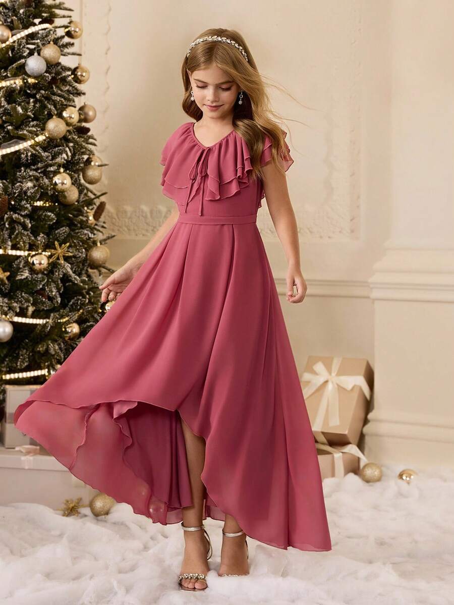 Girls' Layered Ruffle V-Neck Tie Bow Front Short Back Long Dress, Suitable For Flower Girl, Wedding, Prom, Birthday Party, Back To School, Graduation, Christmas, Halloween Fall Winter - Watermelon Pink - View 1