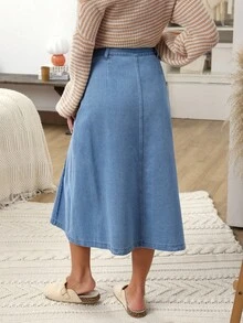 EMERY ROSE Women's Casual Washed Denim Skirt,New Romantic Pleated Denim Skirt For Autumn And Winter, Suitable For Dating And Daily Wear - Blue - View 2