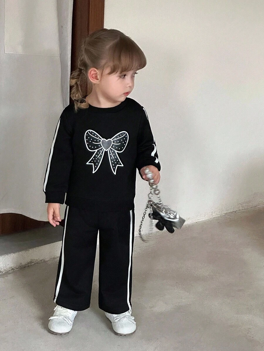 SHEIN Baby/Toddler Girls 0-3Y Casual Cute Fruit Pear Print Round Neck Long Sleeve Sweatshirt + Ribbed Leggings Pants 2-Piece Set, Spring/Summer Fall Winter - Black - View 1