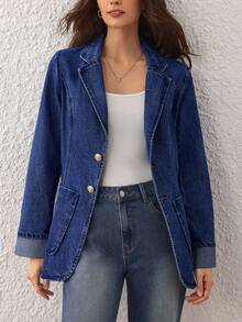 Selenza 女式秋季翻领长袖单排扣休闲牛仔西装外套 - 藍色 - 查看 4