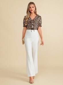 Amorya Women's Leopard Print Knot Neck Ruffle Trim Decor Top With Flounce Hem - Multicolor - View 5