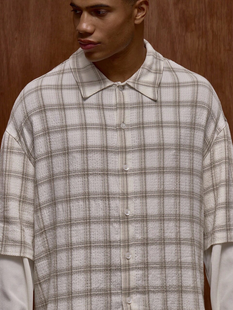 Men Oversized Checkered Double Layered Long Sleeve Button Through Shirt Top Fall/SPRING SUMMER