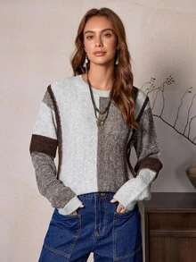 SHEIN LUNE Pull décontracté à col rond et épaules tombantes, blocs de couleurs, automne/hiver pour femmes - Gris - Voir 4