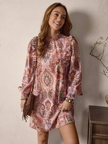 LanaWest LanaWest Women's Pattern Retro Print Ruffle Lantern Sleeve Loose Casual Dress