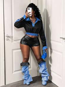 BamGleam Fashionable Color Block Long Sleeve Cropped Sweatshirt, Autumn - Black - View 4