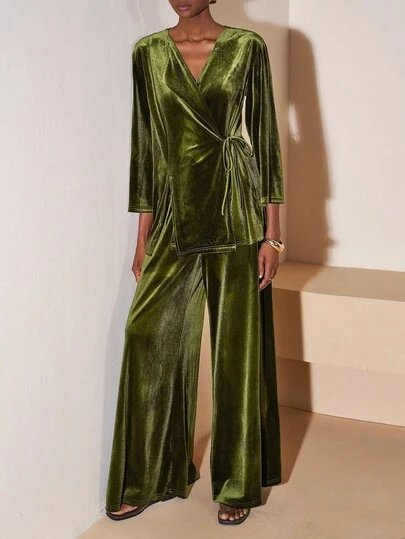 Zivah 2025 秋冬女装新款音乐节毕业百搭休闲度假海滩日光浴街头风格橄榄绿天鹅绒材质裹身衬衫和阔腿裤两件套女士/阔腿裤套装/返校、万圣节服装、女士办公室服装