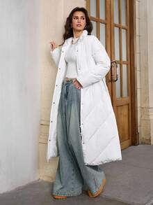 SHEIN Tall 女款白色冬季休閒場合長袖前拉鍊立領保暖內裡羽絨外套，純色拉鍊長版加厚棉襖，適合高個女性 - 米色 - 查看 4