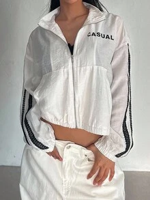 DAZY Letter Graphic Contrast Tape Drop Shoulder Jacket Linen - White - View 7