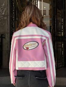 SHEIN ICON Y2K Women's PU Patchwork Motorcycle Jacket, Pink & White, High Collar, Casual Street Wear, Commuting, Autumn/Winter