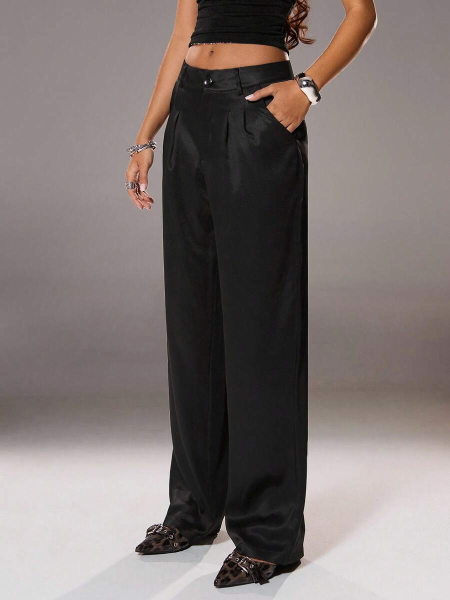 SHEIN Unity Loose Fit Straight-Leg Suit Trousers With Pockets In Advanced Grey - Black - View 1