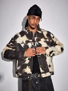 ROMWE MEN Street Life Spring Casual Graphic Men'S Retro Contrast Color Print Denim Jacket, Fall - Black and White - View 1