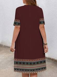 Mellowie Plus Size Women's Round Neck Short Sleeve Stripe Retro Print Dress, Suitable For Spring Summer Vacation Chic Dress - Multicolor - View 2