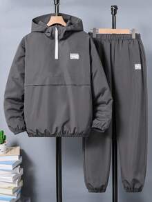 2pcs Teenager Casual Sports Jacket With Hood And Zipper, Paired With Pockets Drawstring Pants, Versatile Outfit For Spring, Autumn & Winter Fall