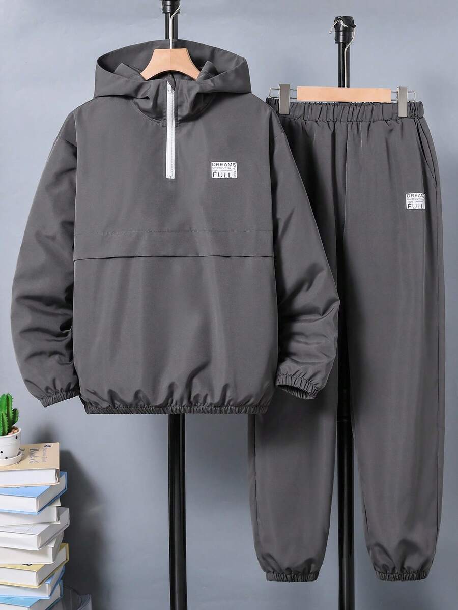 2pcs Teenager Casual Sports Jacket With Hood And Zipper, Paired With Pockets Drawstring Pants, Versatile Outfit For Spring, Autumn & Winter Fall