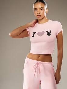 Missguided x Playboy 圣诞兔子印花阔腿裤和露脐上衣 - 粉色 - 查看 4