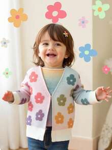 SHEIN Babygirl Fashionable Lady Elegant Cute Versatile Knitted Floral Color Pattern Knitted Sweater Cardigan, Cute And Versatile, Suitable For Autumn And Winter, Multi-Color Fashionable And Versatile Autumn And Winter, Soft Fabric Cares For Baby's Skin, Is The First Choice For Mothers Shopping, Cute Everyday Classic, Suitable For Indoor, Outdoor, Daily, Sports, Play, Party, Photo, Vacation, Festival Fall - Multicolor - View 2